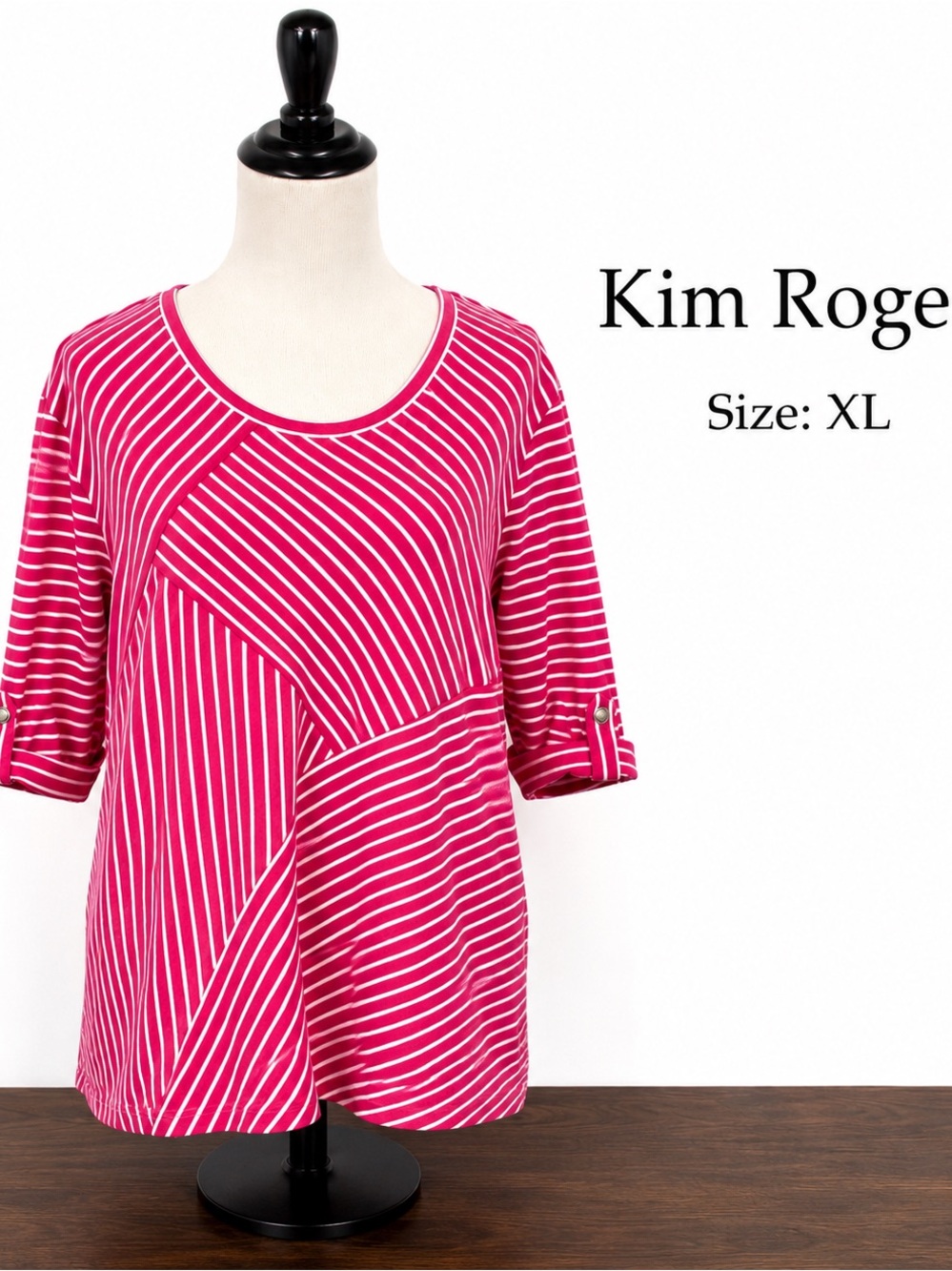 Kim Rogers XL Pink White Nautical Stripe Roll Tab Sleeve Top